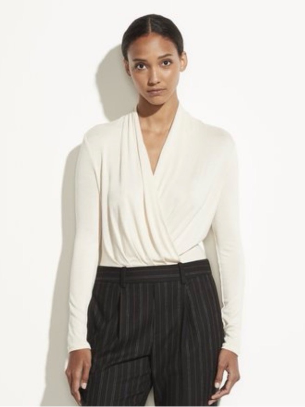 Vince Cream Wrap-Front Long Sleeve Body Suit
